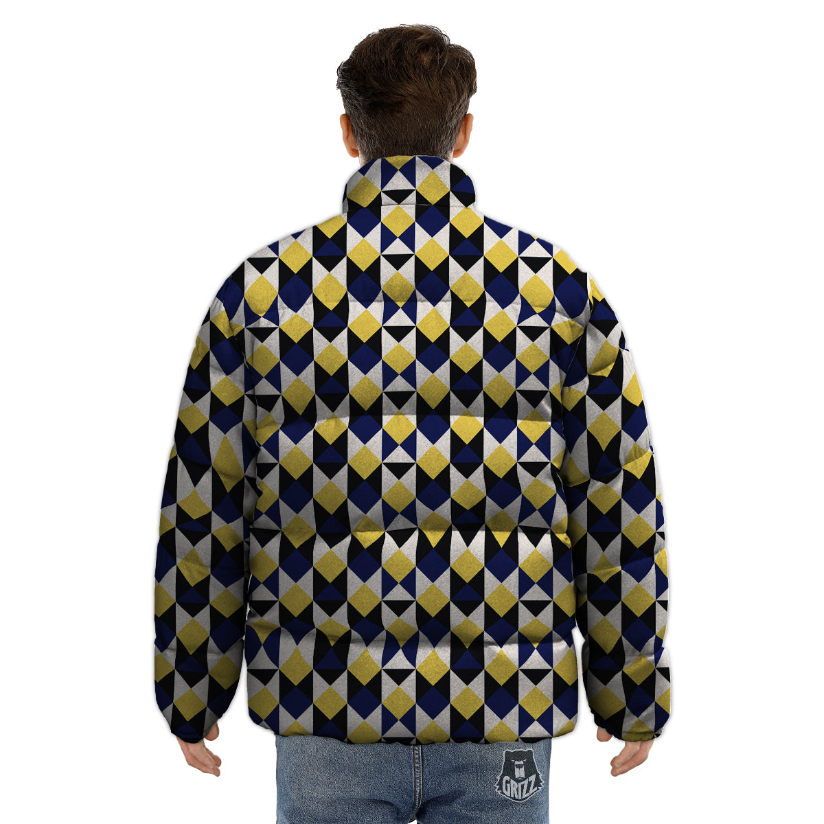 Black Argyle And Blue Yellow Print Pattern Puffer Jacket-grizzshop