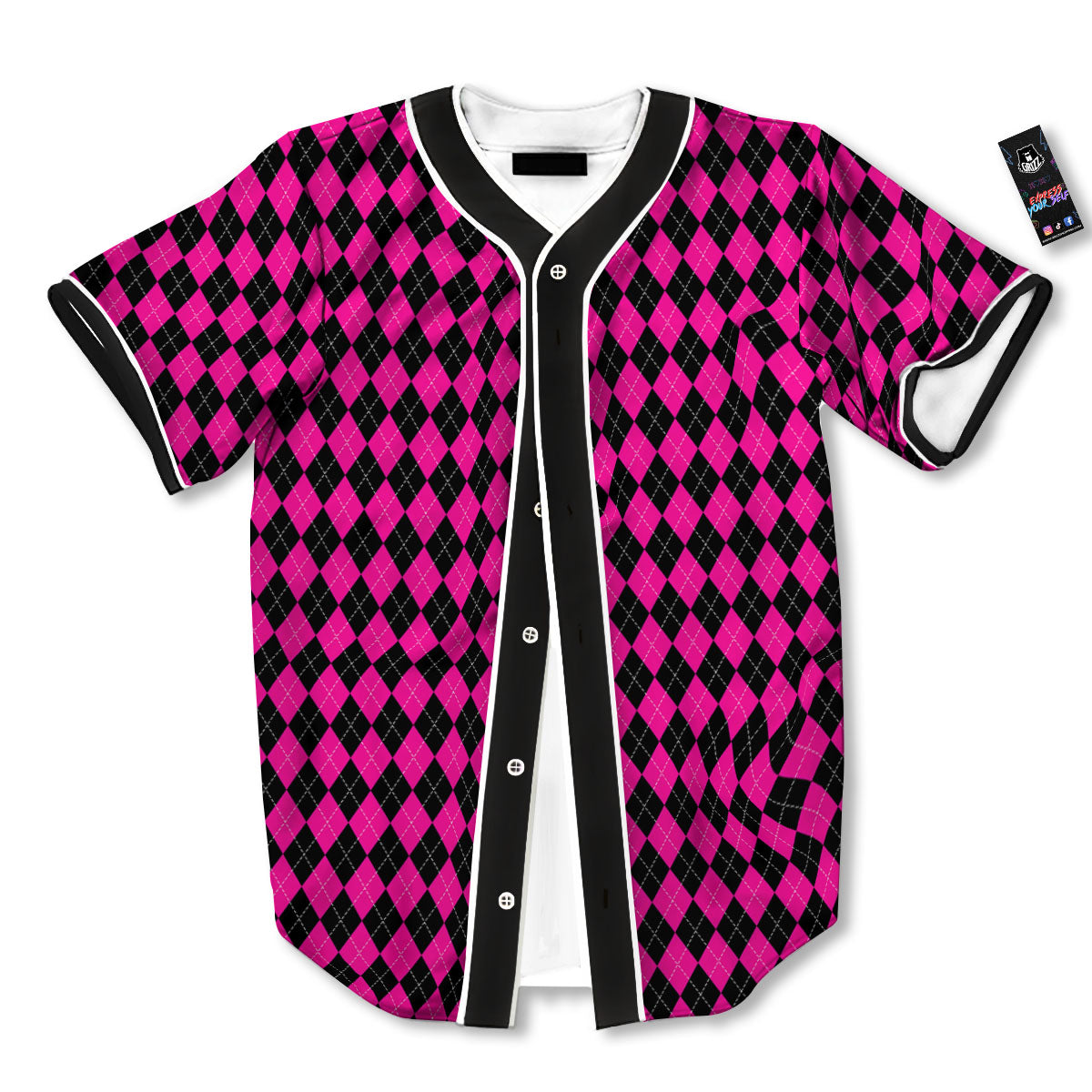 Black Argyle And Deep Pink Print Pattern Baseball Jersey-grizzshop