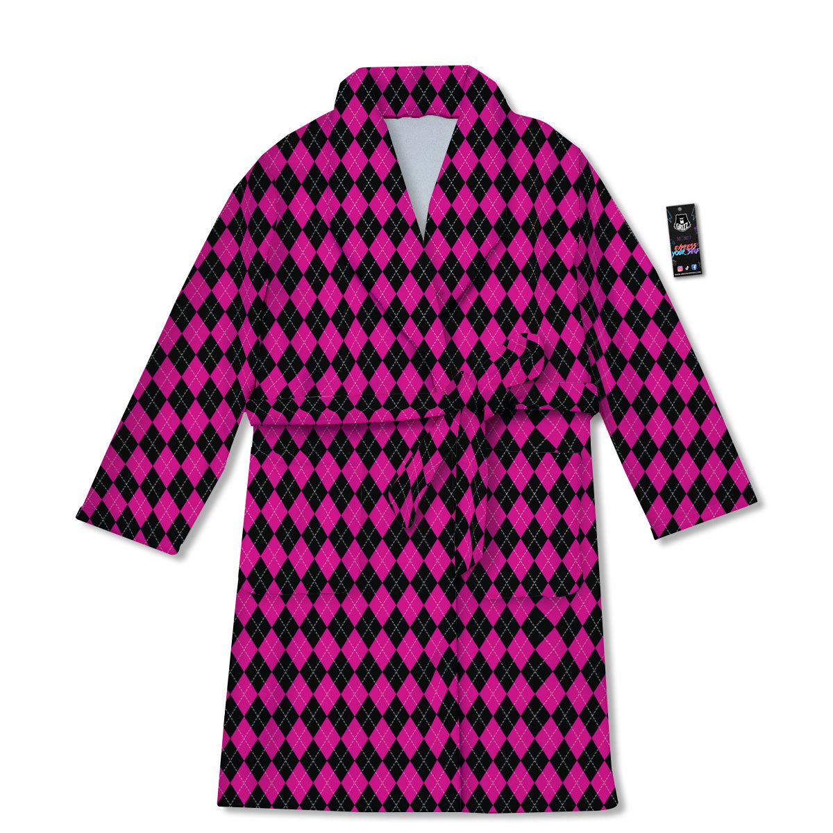 Black Argyle And Deep Pink Print Pattern Bathrobe-grizzshop