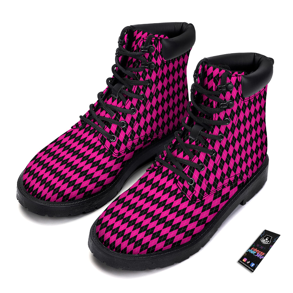 Black Argyle And Deep Pink Print Pattern Boots-grizzshop