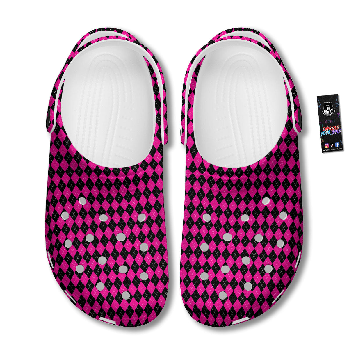 Black Argyle And Deep Pink Print Pattern Clog-grizzshop
