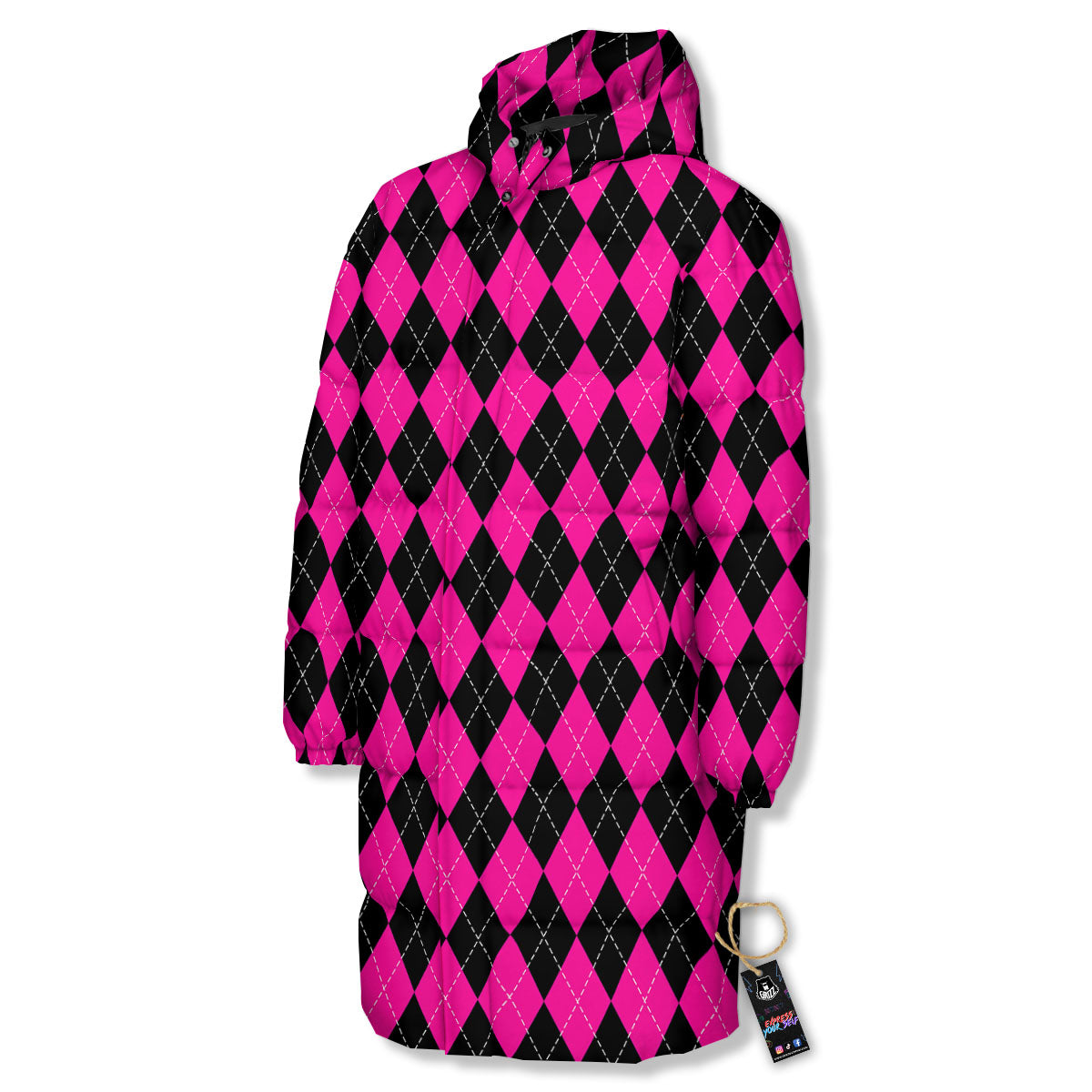 Black Argyle And Deep Pink Print Pattern Long Down Jacket-grizzshop