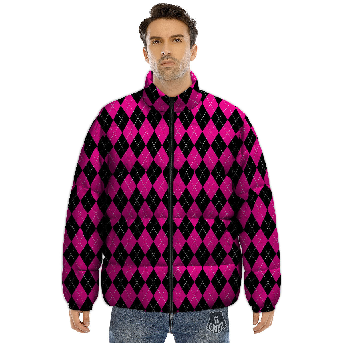 Black Argyle And Deep Pink Print Pattern Puffer Jacket-grizzshop