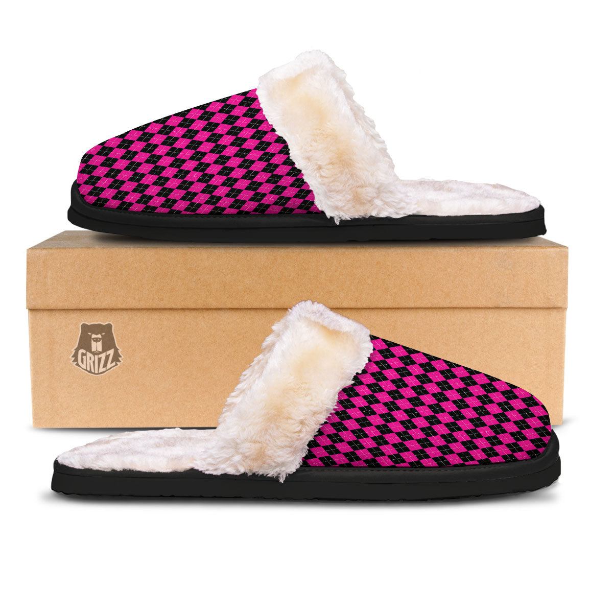 Black Argyle And Deep Pink Print Pattern Slippers-grizzshop