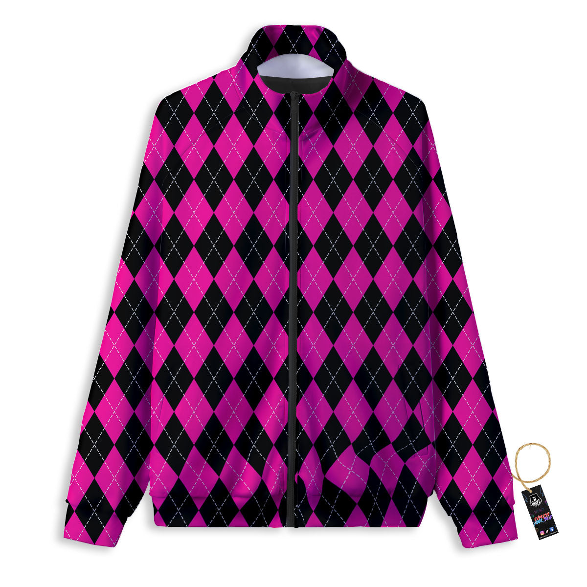 Black Argyle And Deep Pink Print Pattern Track Jacket-grizzshop