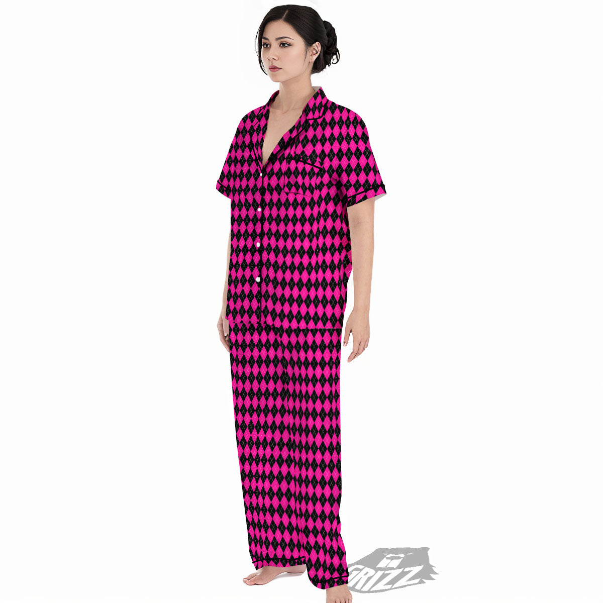 Black Argyle And Deep Pink Print Pattern Women's Pajamas Set-grizzshop
