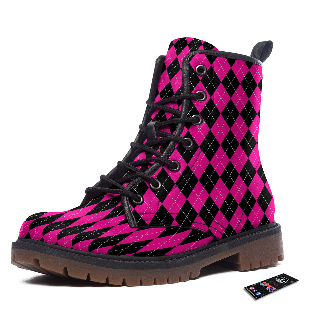 Black Argyle And Deep Pink Print Pattern Work Boots-grizzshop