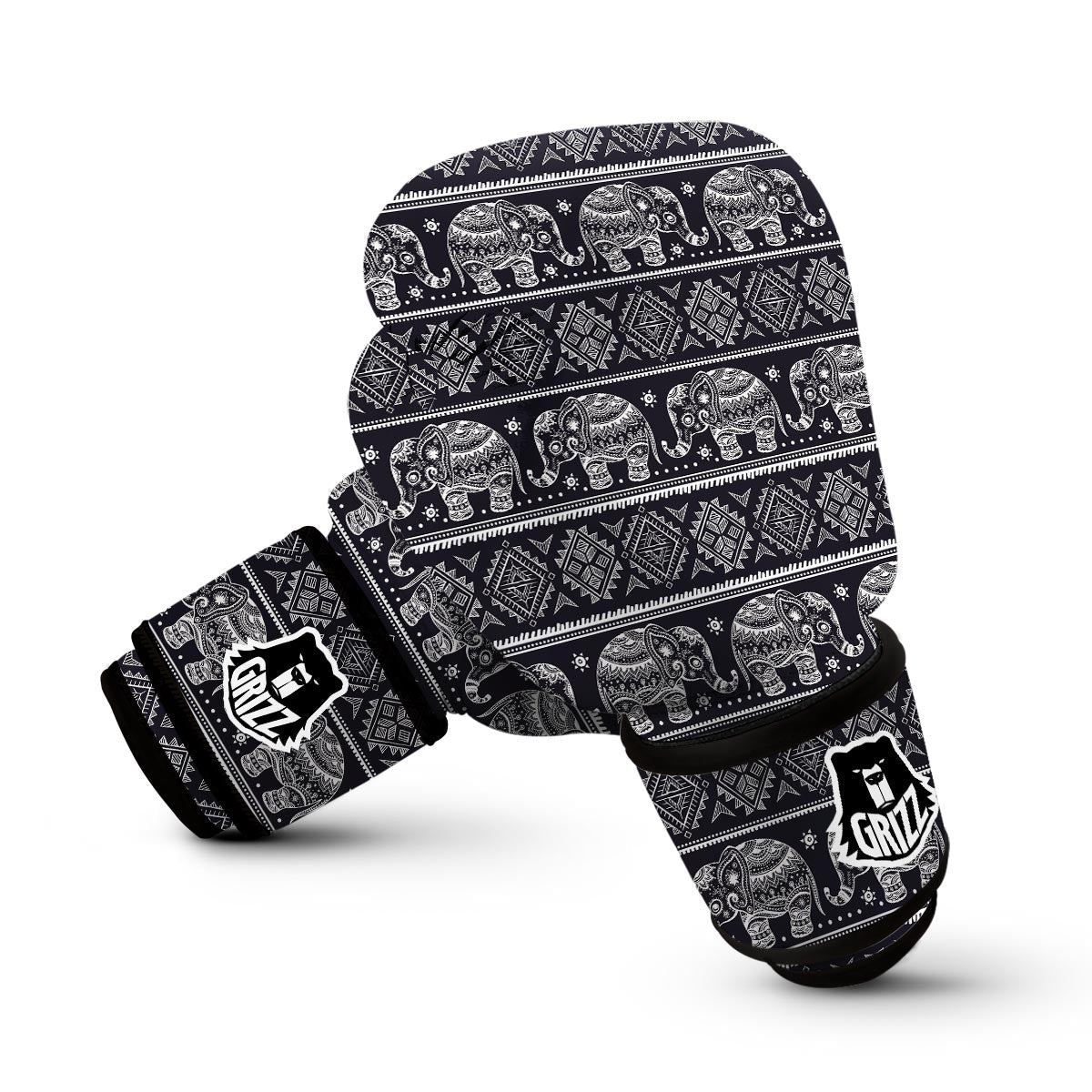Black Aztec Elephant Pattern Print Boxing Gloves-grizzshop