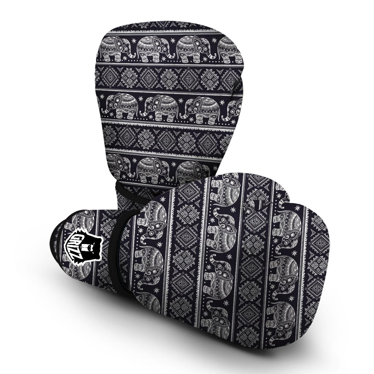 Black Aztec Elephant Pattern Print Boxing Gloves-grizzshop
