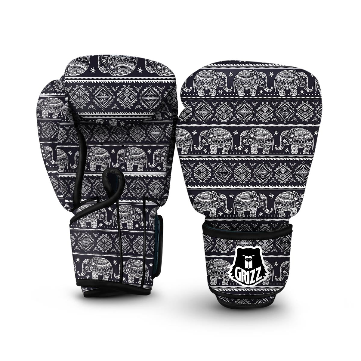 Black Aztec Elephant Pattern Print Boxing Gloves-grizzshop
