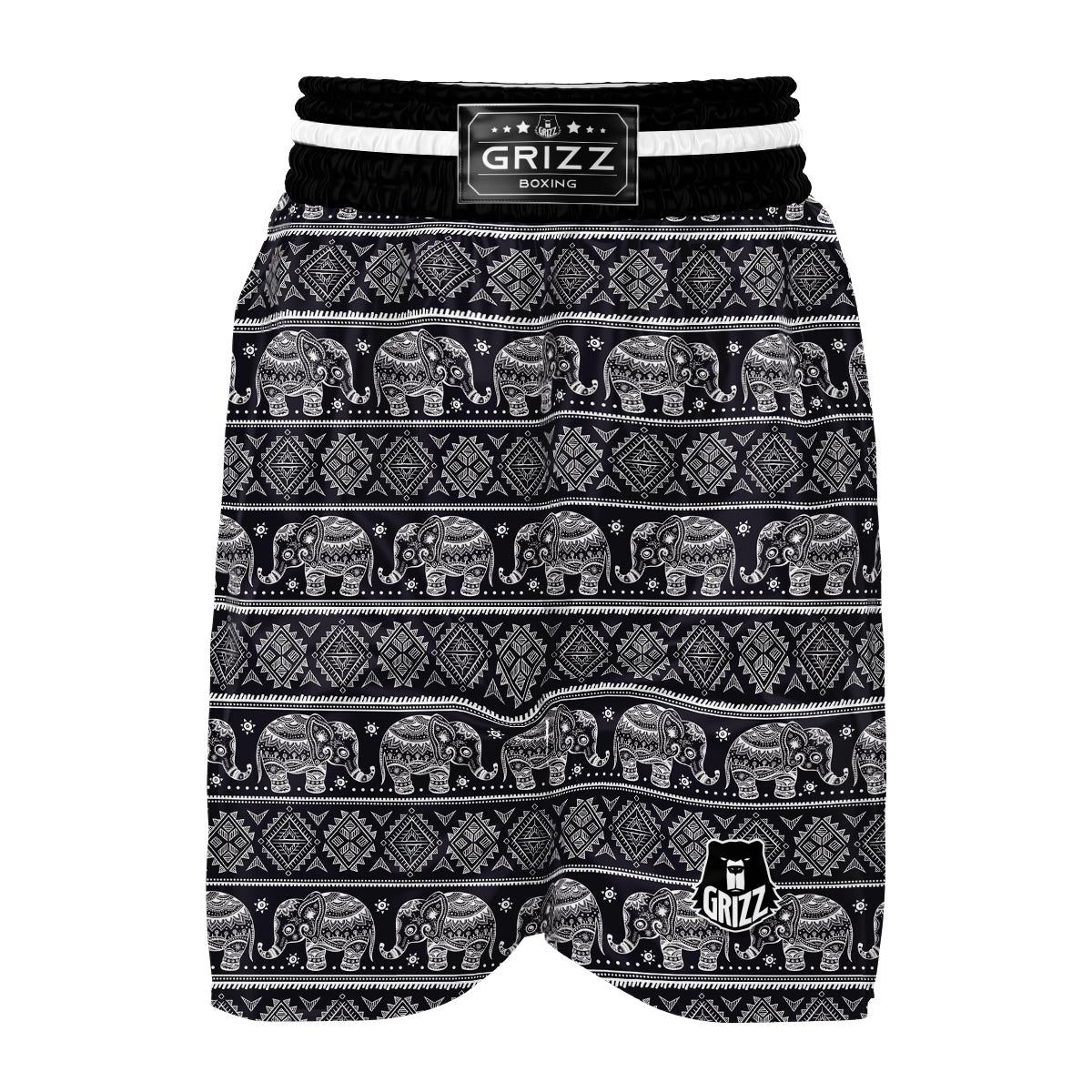 Black Aztec Elephant Pattern Print Boxing Shorts-grizzshop