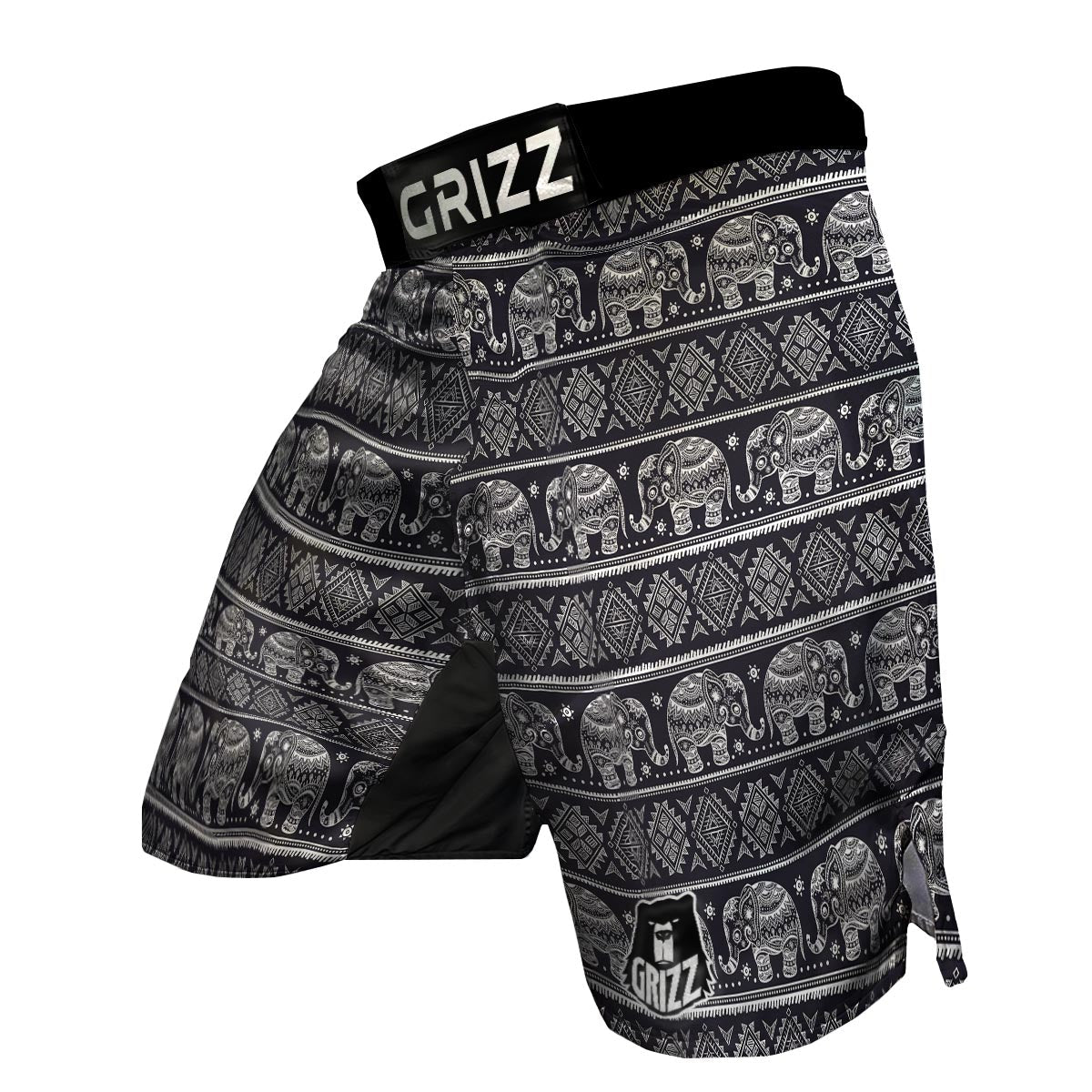 Black Aztec Elephant Pattern Print MMA Shorts-grizzshop