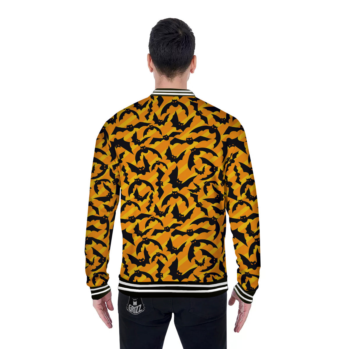 Black Bat And Orange Striped Print Pattern Baseball Jacket-grizzshop