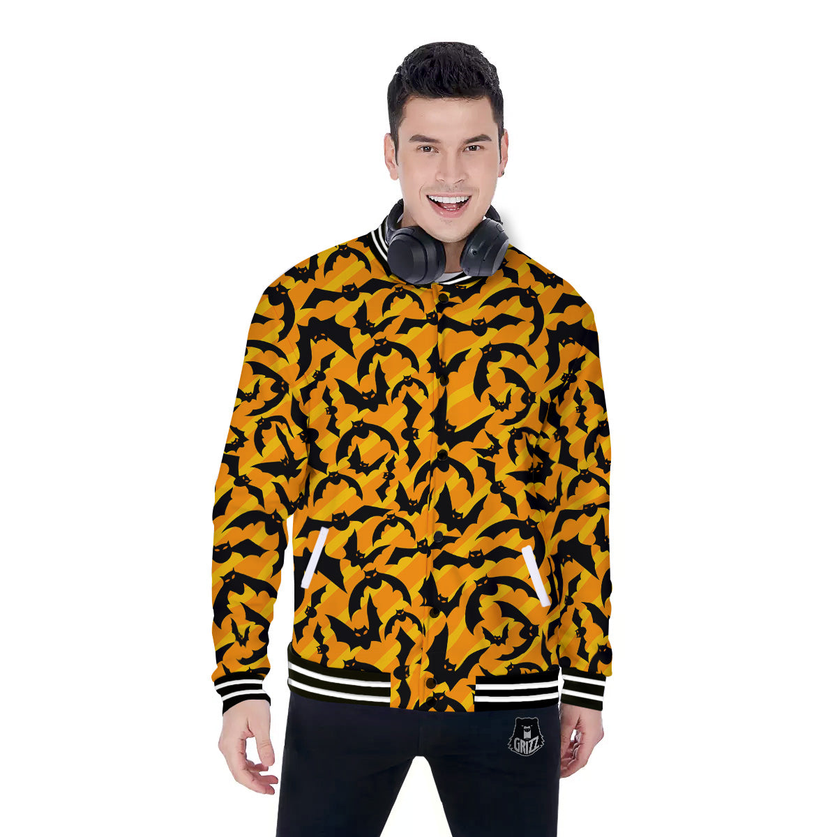 Black Bat And Orange Striped Print Pattern Baseball Jacket-grizzshop