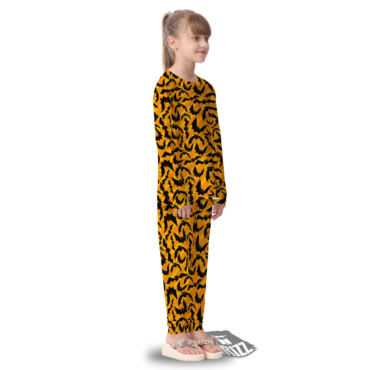 Black Bat And Orange Striped Print Pattern Kid's Pajamas-grizzshop