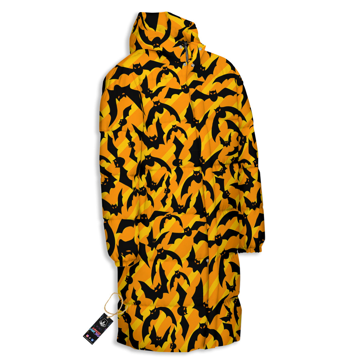 Black Bat And Orange Striped Print Pattern Long Down Jacket-grizzshop