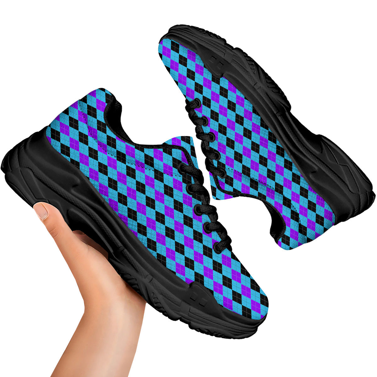 Black Blue And Purple Argyle Print Black Chunky Shoes-grizzshop