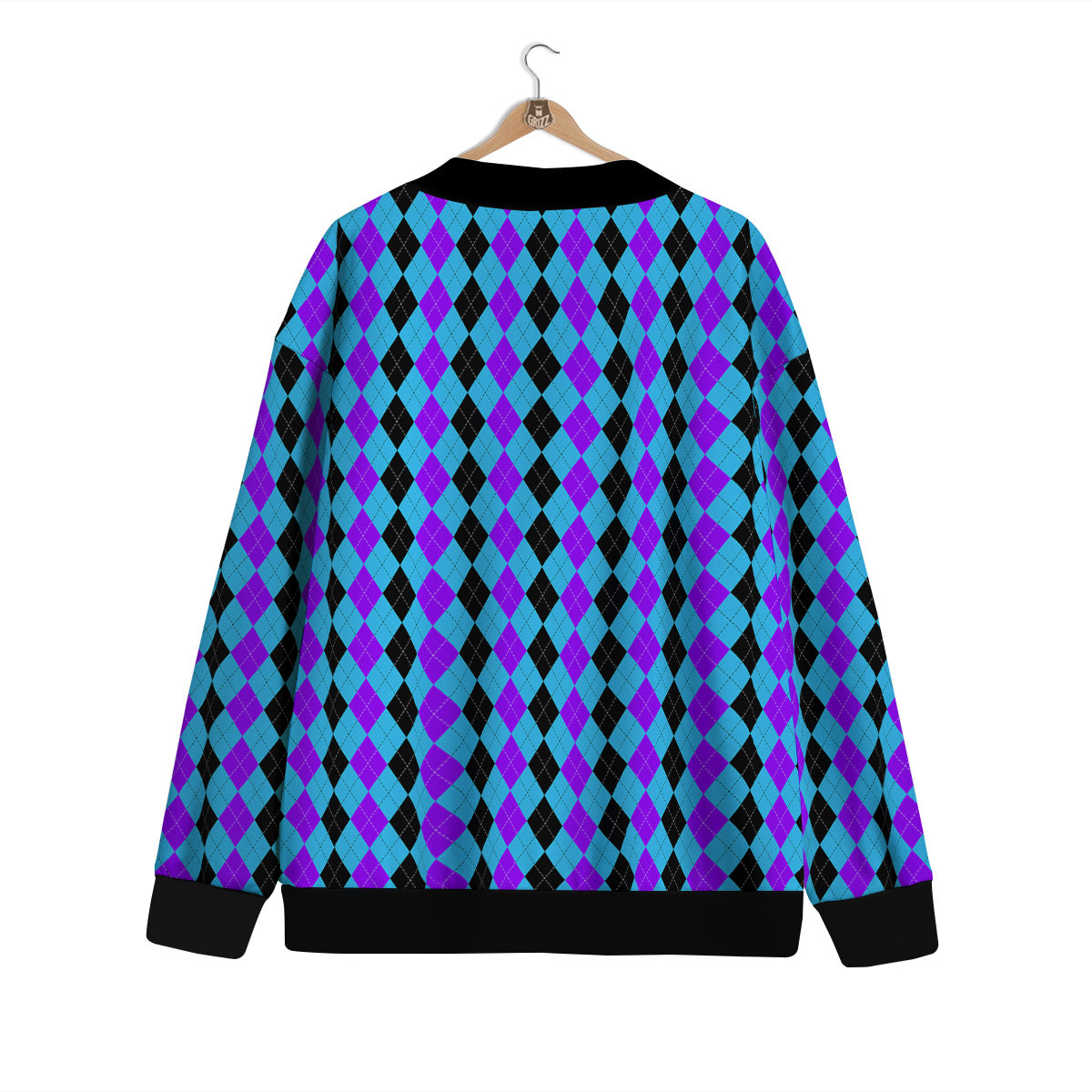 Black Blue And Purple Argyle Print Cardigan-grizzshop