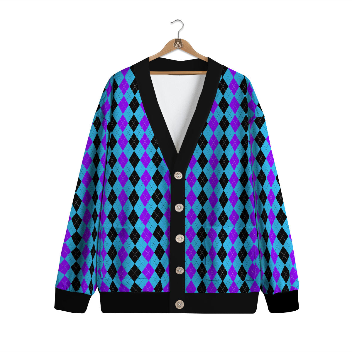 Black Blue And Purple Argyle Print Cardigan-grizzshop