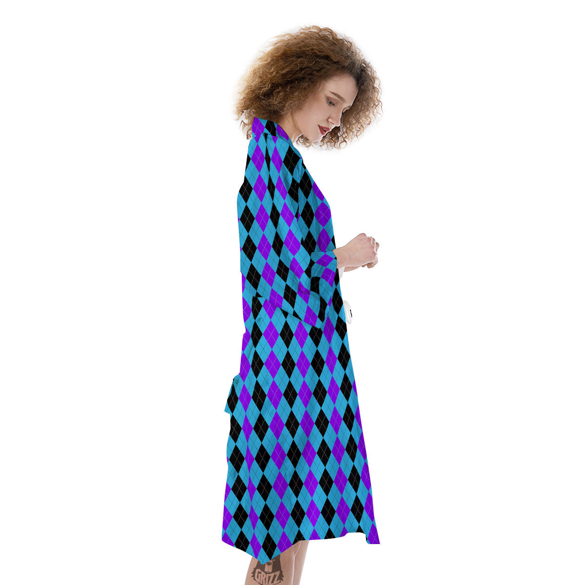 Black Blue And Purple Argyle Print Kimono-grizzshop