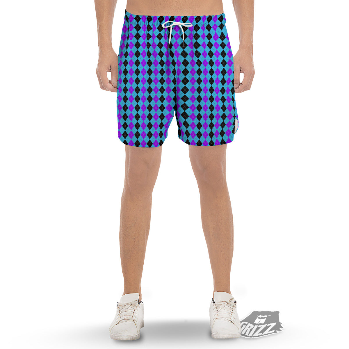 Black Blue And Purple Argyle Print Men's Gym Shorts-grizzshop
