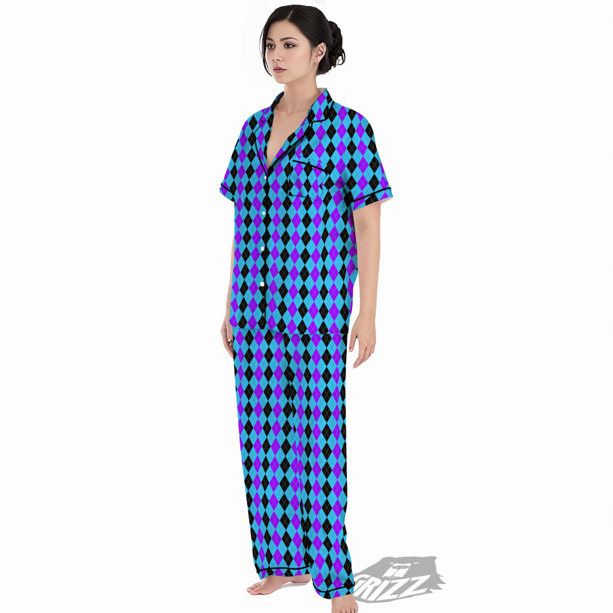 Black Blue And Purple Argyle Print Women's Pajamas Set-grizzshop