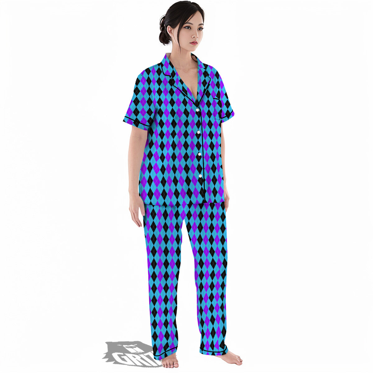 Black Blue And Purple Argyle Print Women's Pajamas Set-grizzshop
