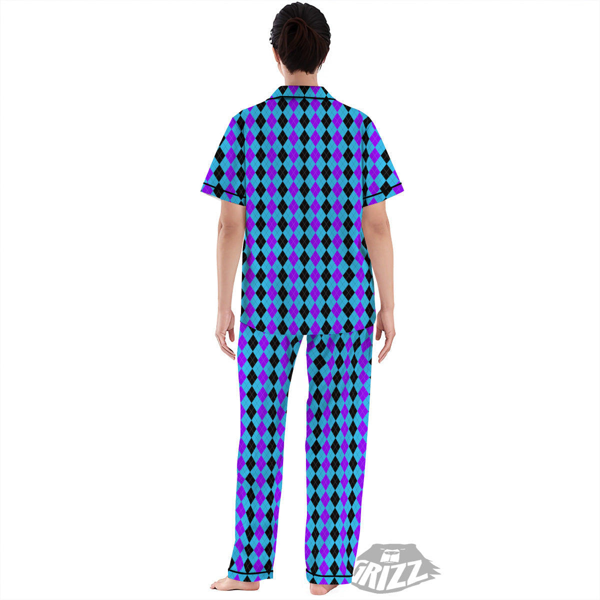 Black Blue And Purple Argyle Print Women's Pajamas Set-grizzshop