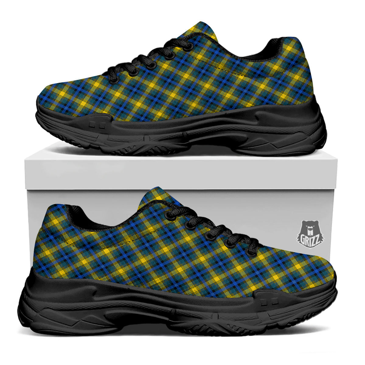 Black Blue And Yellow Argyle Print Black Chunky Shoes-grizzshop