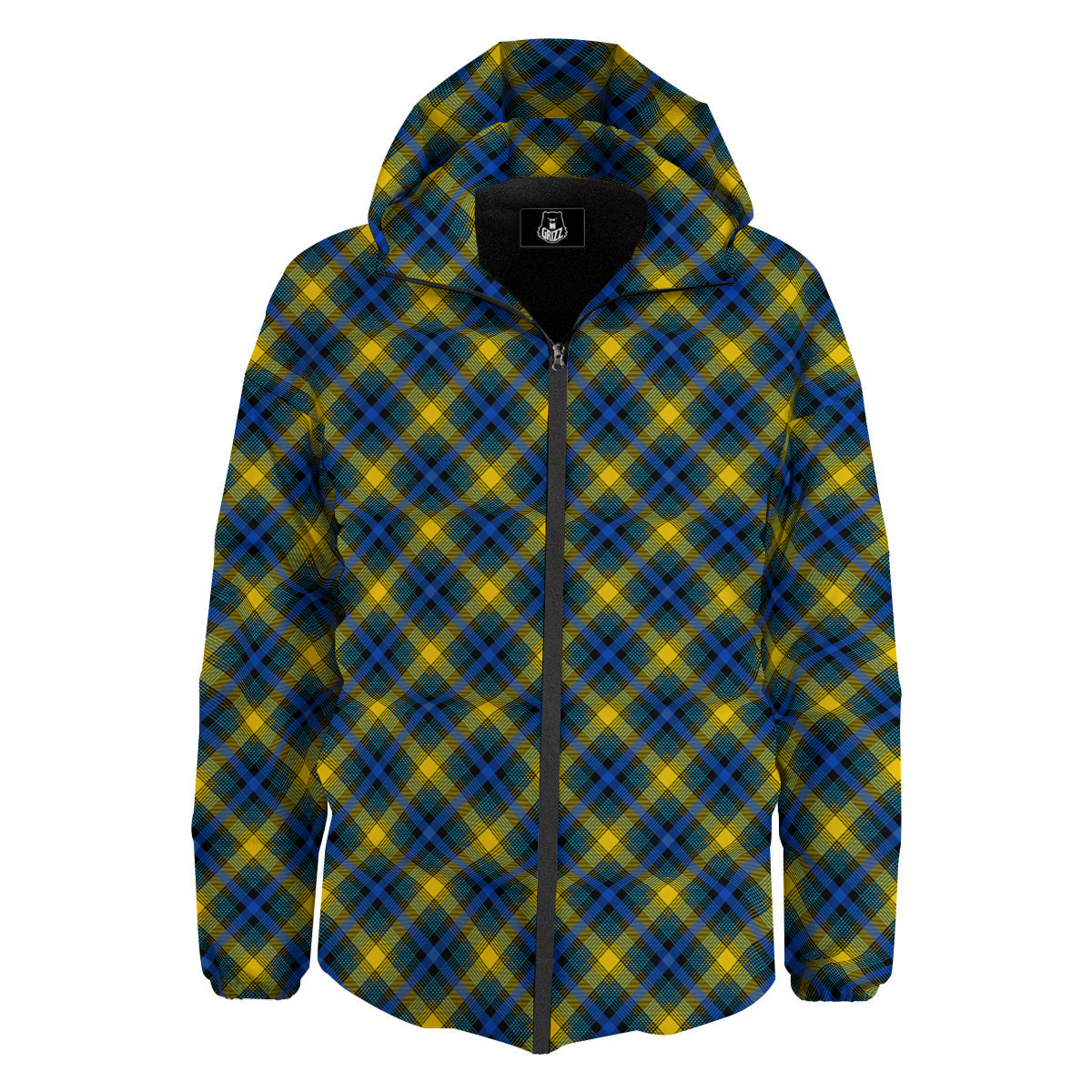 Black Blue And Yellow Argyle Print Down Jacket-grizzshop