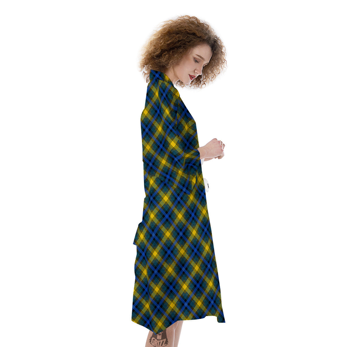 Black Blue And Yellow Argyle Print Kimono-grizzshop