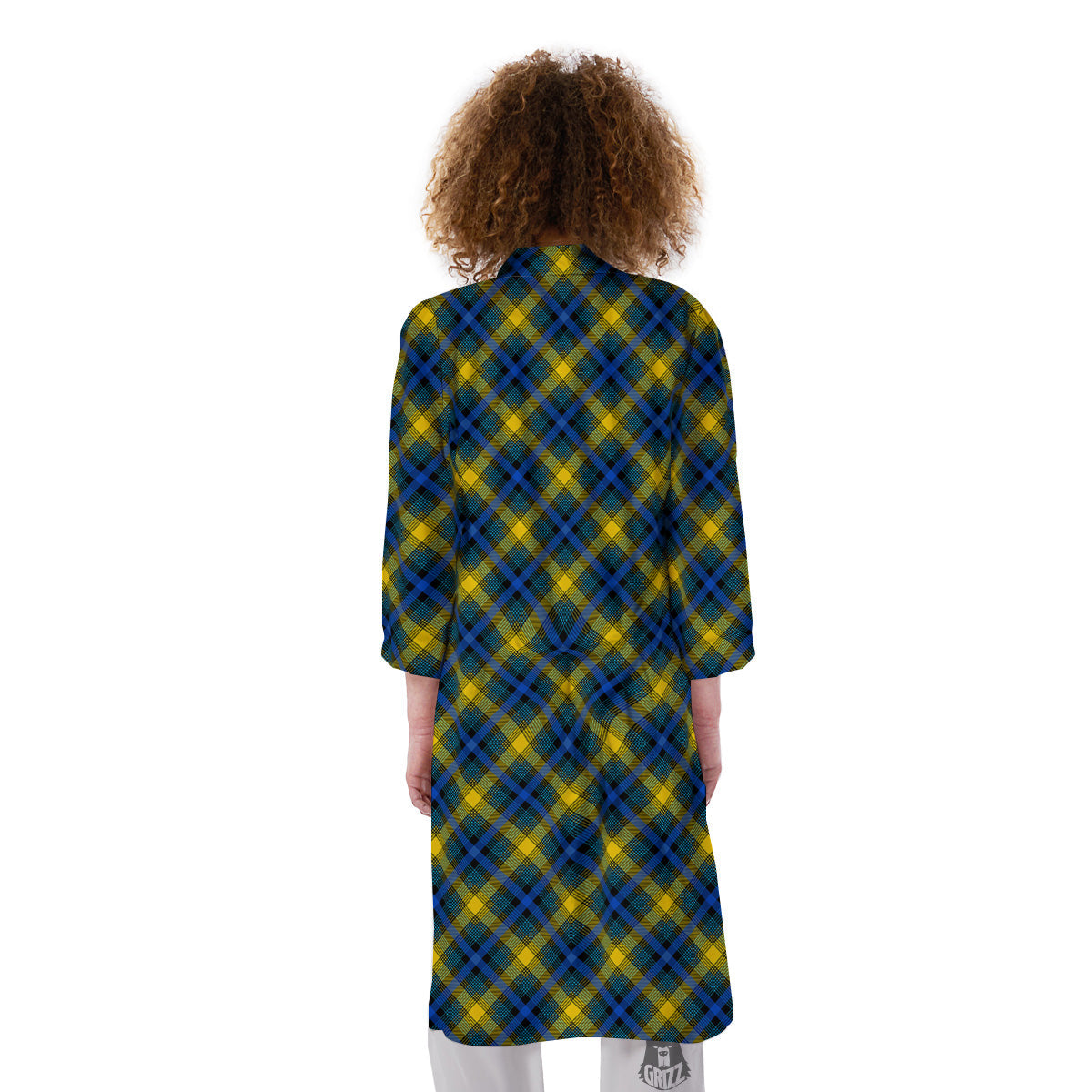 Black Blue And Yellow Argyle Print Kimono-grizzshop