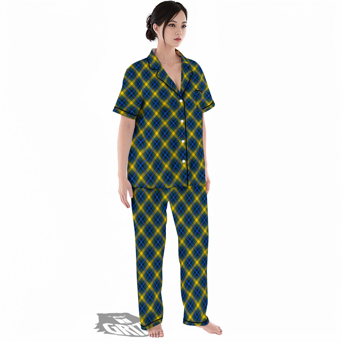 Black Blue And Yellow Argyle Print Women's Pajamas Set-grizzshop