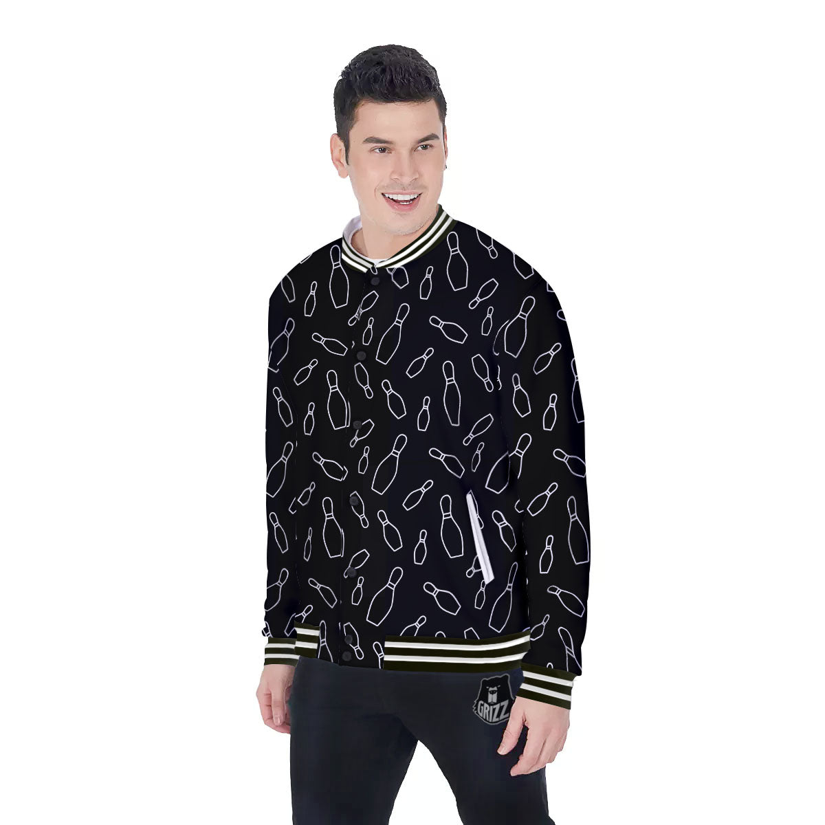 Black Bowling Pins Print Pattern Baseball Jacket-grizzshop