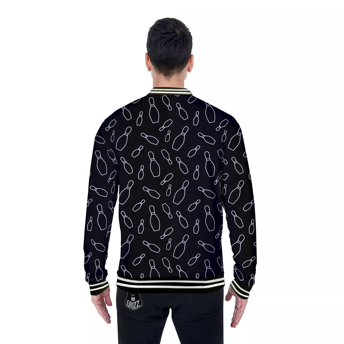 Black Bowling Pins Print Pattern Baseball Jacket-grizzshop