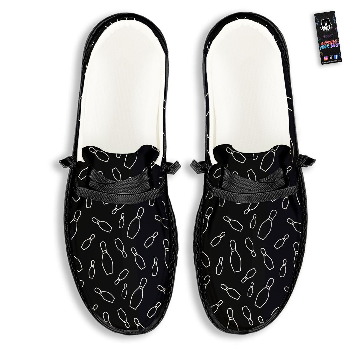 Black Bowling Pins Print Pattern Black Loafers-grizzshop