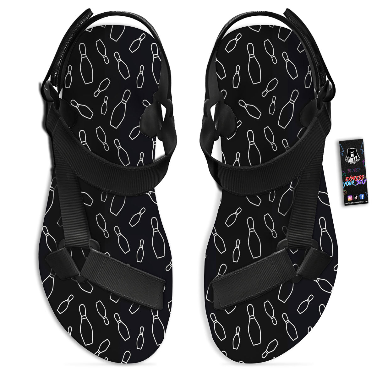 Black Bowling Pins Print Pattern Black Open Toe Sandals-grizzshop