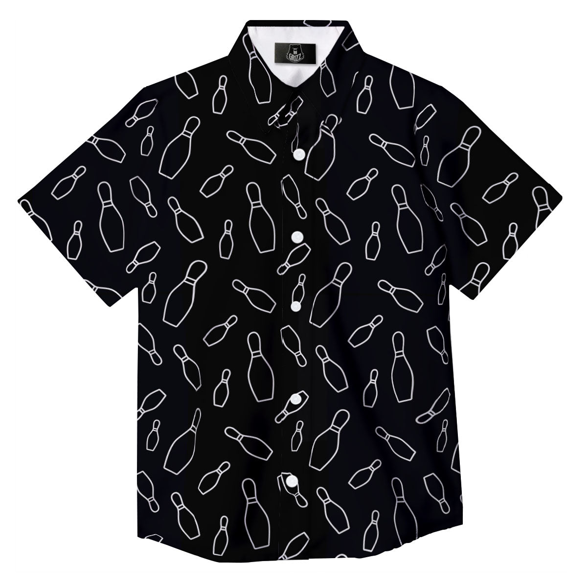 Black Bowling Pins Print Pattern Button Up Shirt-grizzshop
