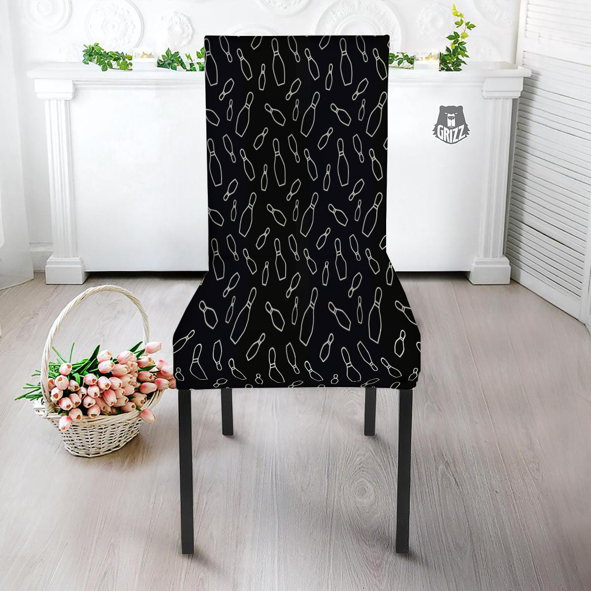Black Bowling Pins Print Pattern Dining Chair Slipcover-grizzshop