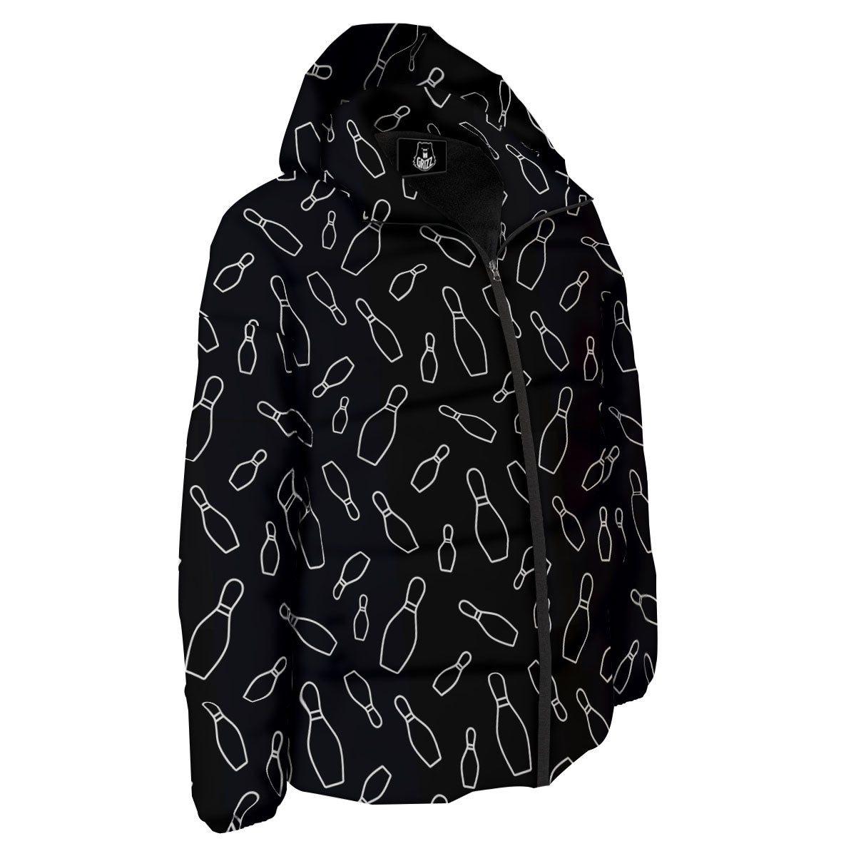 Black Bowling Pins Print Pattern Down Jacket-grizzshop