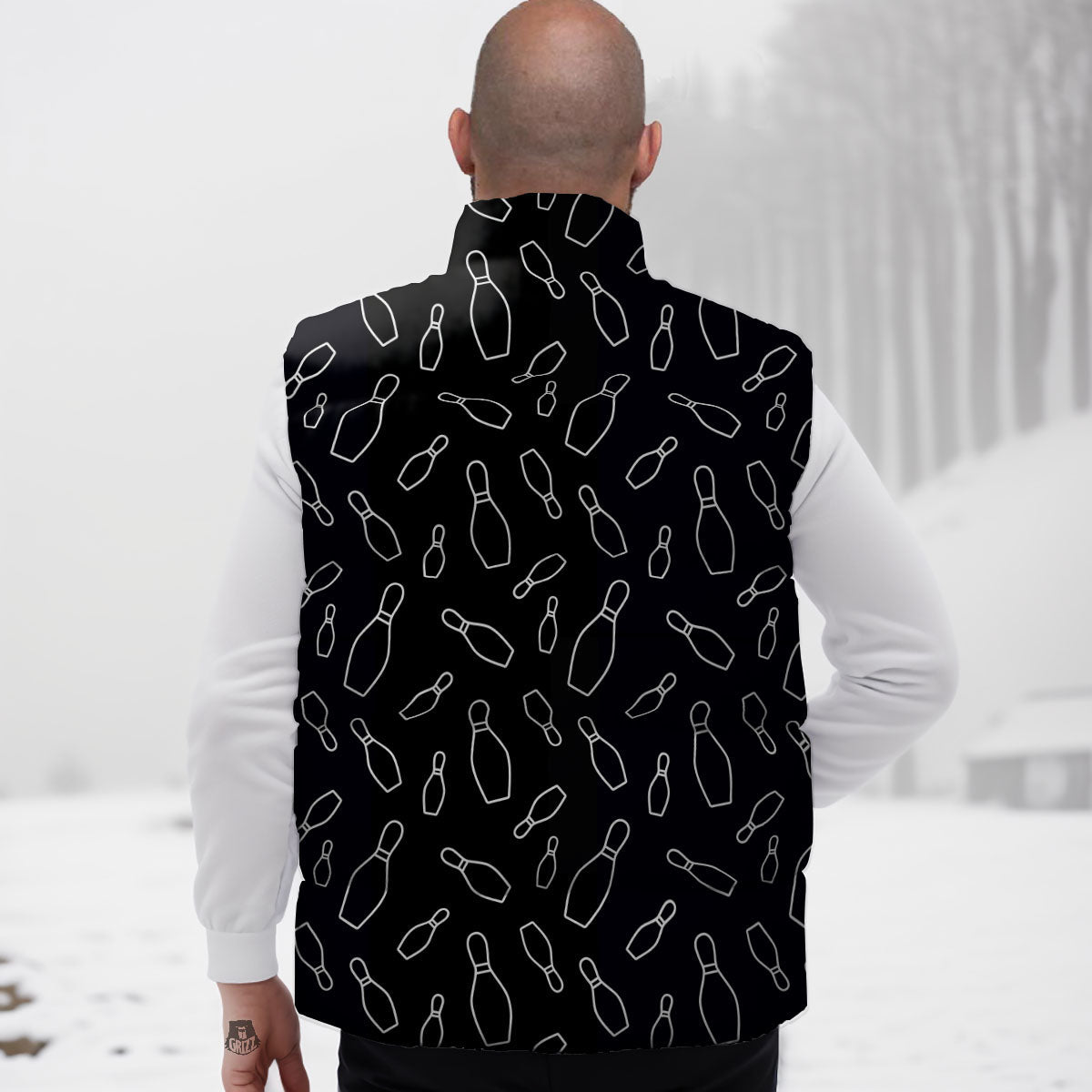 Black Bowling Pins Print Pattern Down Vest