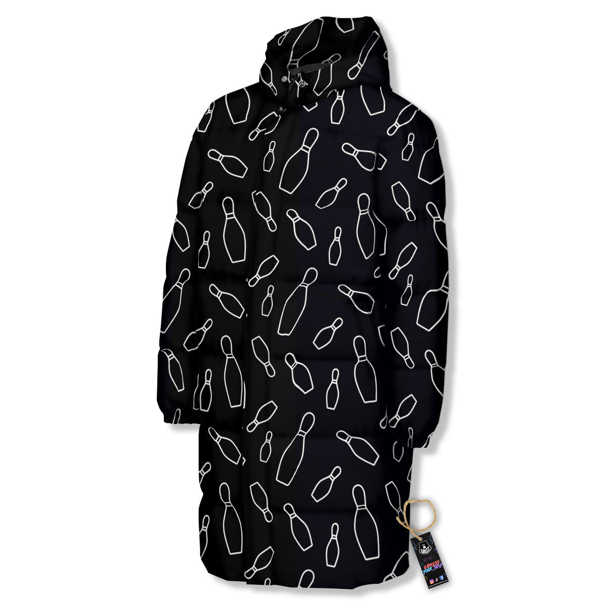 Black Bowling Pins Print Pattern Long Down Jacket-grizzshop