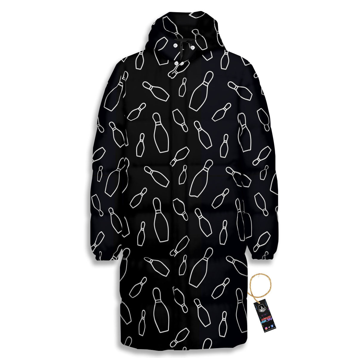 Black Bowling Pins Print Pattern Long Down Jacket-grizzshop
