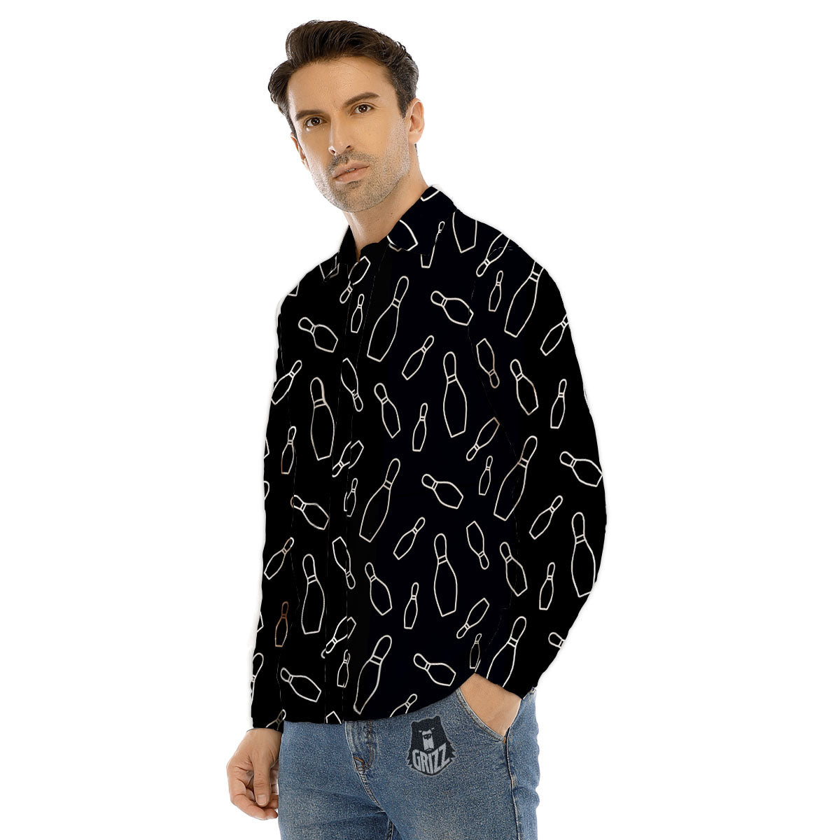 Black Bowling Pins Print Pattern Men's Dress Shirts-grizzshop