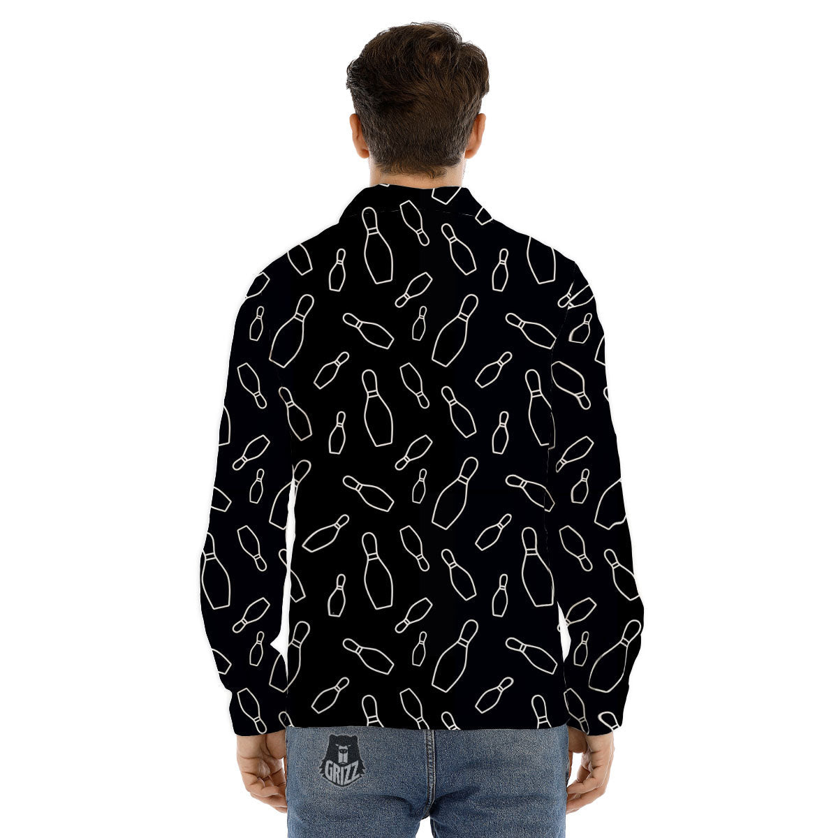 Black Bowling Pins Print Pattern Men's Dress Shirts-grizzshop