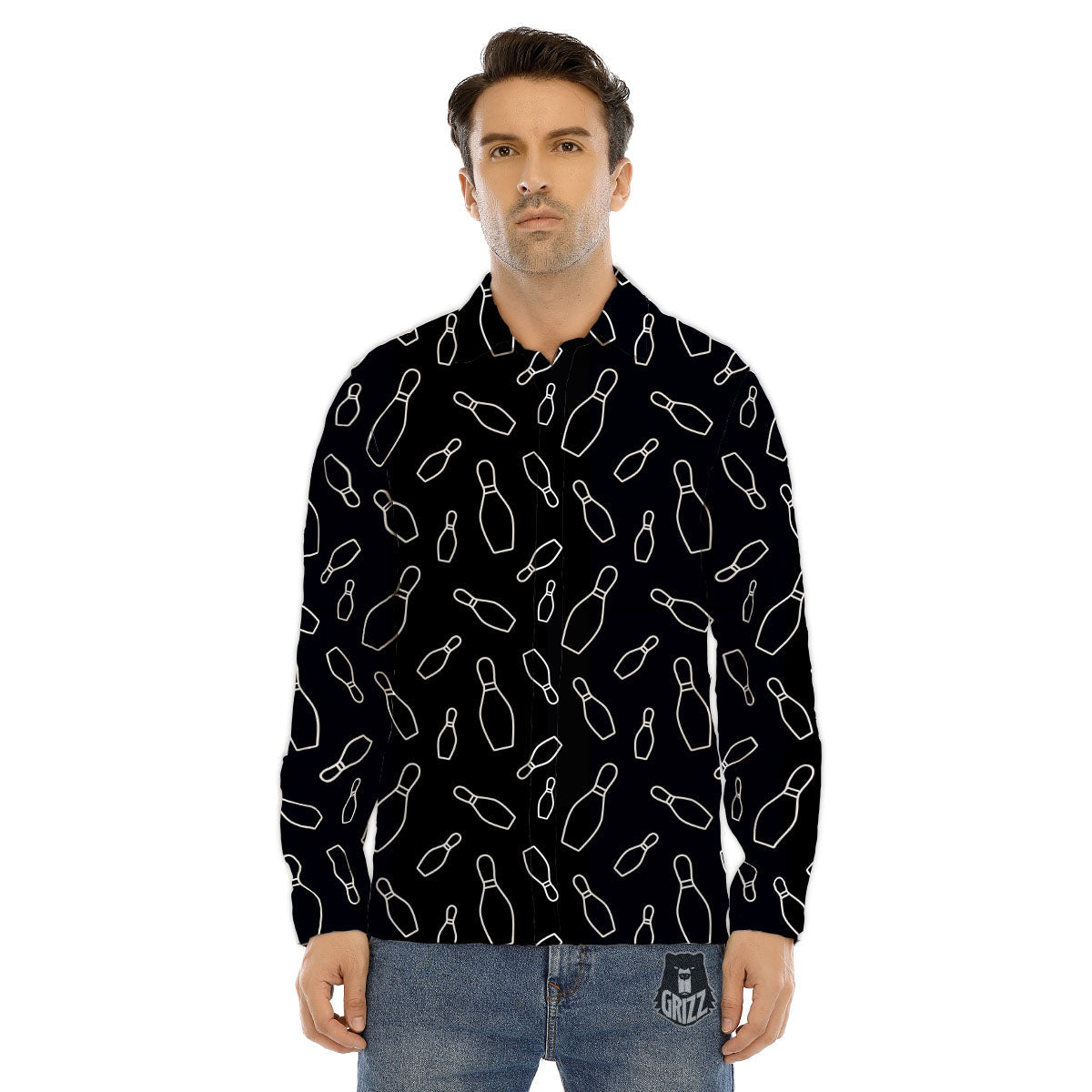 Black Bowling Pins Print Pattern Men's Dress Shirts-grizzshop