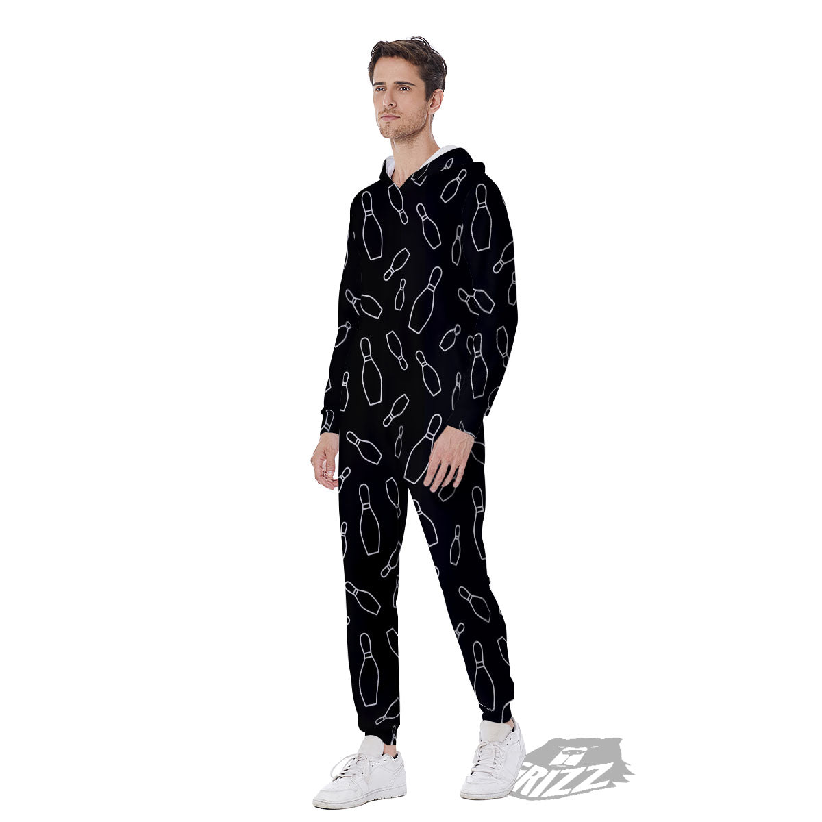 Black Bowling Pins Print Pattern Men's Jumpsuit-grizzshop