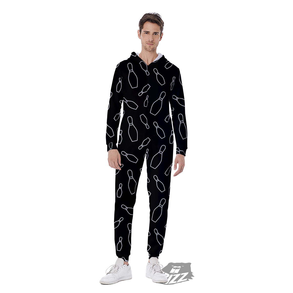 Black Bowling Pins Print Pattern Men's Jumpsuit-grizzshop