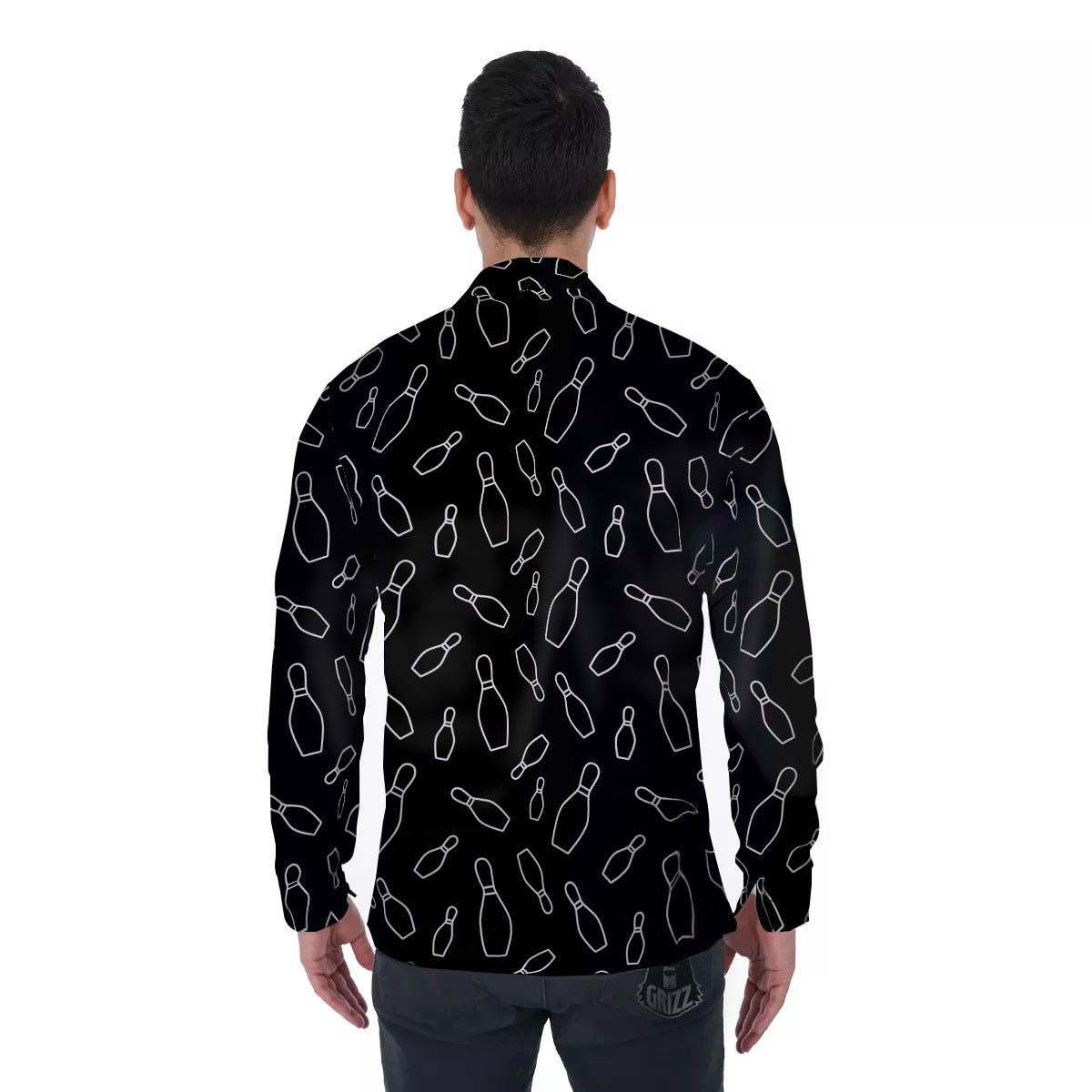 Black Bowling Pins Print Pattern Men's Long Sleeve Shirts-grizzshop