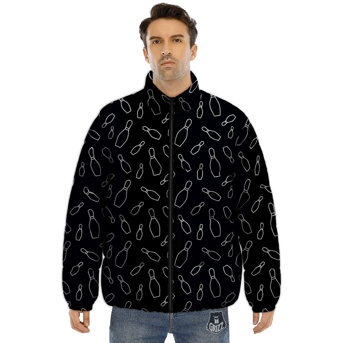 Black Bowling Pins Print Pattern Puffer Jacket-grizzshop